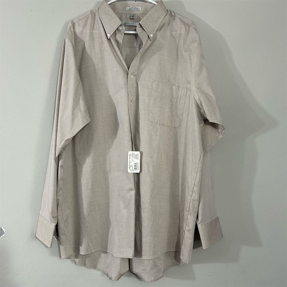 Geoffrey Beene Dress Shirt Mens XL 17 34/35 Tan Pinpoint Oxford Long Slv